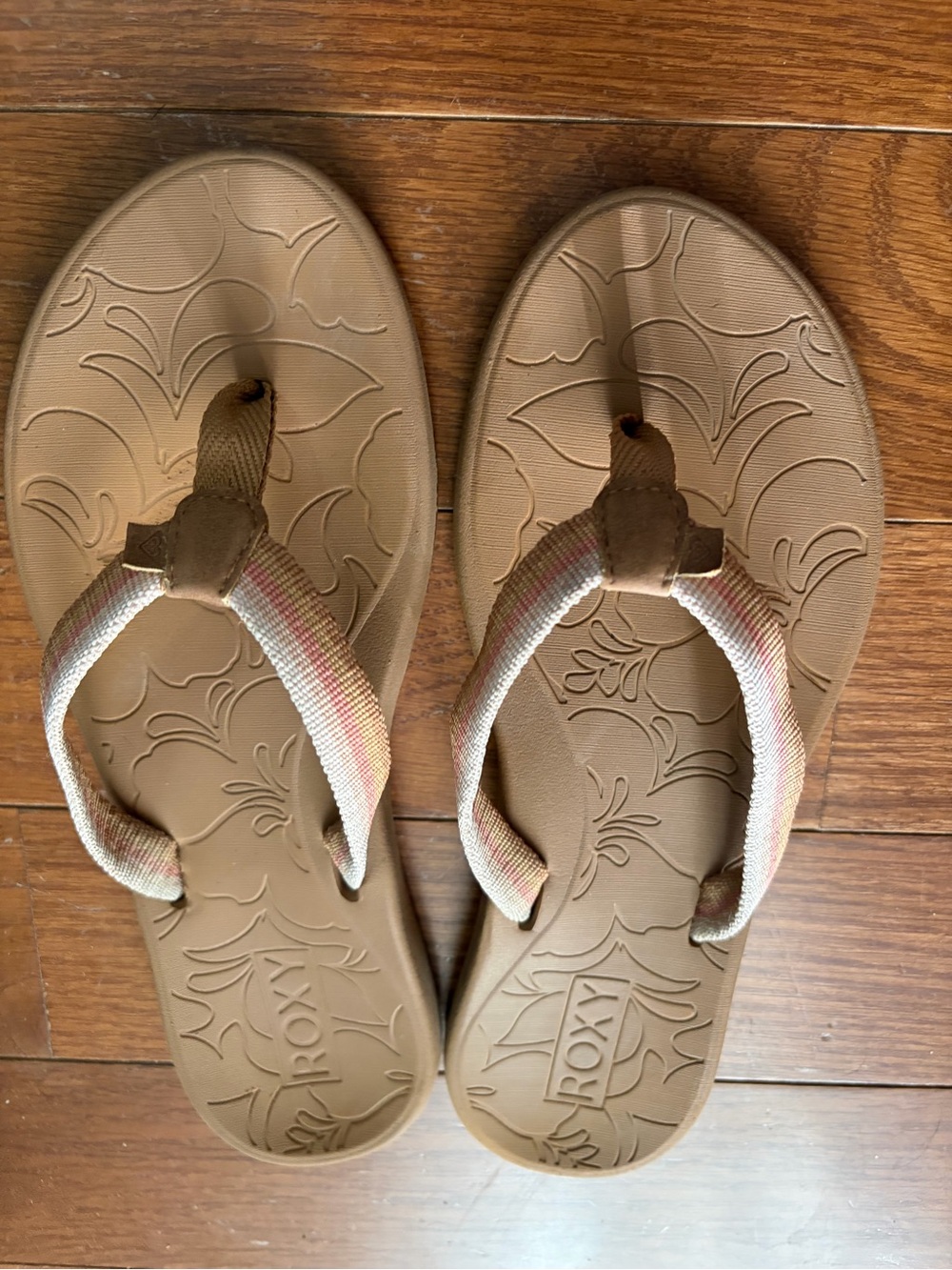 Roxy Tan Sandals with Pastel Multi-Stripe Straps